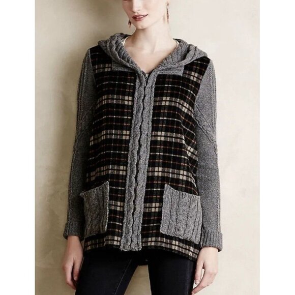 Anthropologie Moth Derry Plaid Jacket Hooded Cable Knit Sweater Wool Women Sz L - Picture 1 of 10